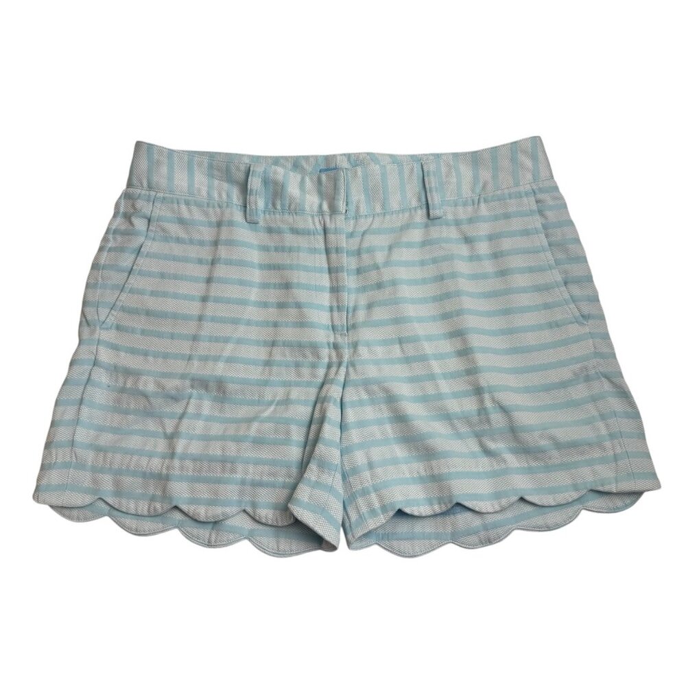 J. McLaughlin Teal White Stripes Shorts Size 4 Scalloped Preppy Summer Casual